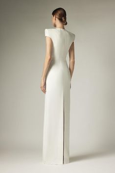 Fiona Sheath Stone Crepe Floor Length Dress | MEAN BLVD Formal Pre-draped Crepe Dress, Flattering Silhouette Floor-length Evening Dress For Wedding, Elegant Floor-length Gown With Flattering Silhouette, Elegant Maxi Length Evening Dress, Elegant Maxi Dress For Wedding, Classic Floor-length Evening Dress With Fitted Bodice, Elegant Maxi Length Evening Dress For Cocktail, Elegant Maxi Evening Dress For Cocktail, Fitted Evening Dress With Structured Boning For Wedding