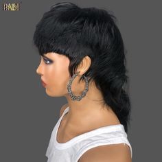 Hair Material 100% Human Hair Texture same as pic Length same as pic Density 200% Last For Over one year with good care Hair Color Natural Color Hairline Pre-plucked Lace area no lace Straps adjustable Lace no lace Can Be Dyed yes Black Women Mullet, Mohawk With Bangs, Short Mullet, Cheap Human Hair, Remy Human Hair Wigs, Wigs Online