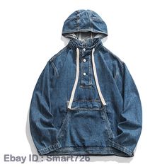 New Fashion Mens Denim Hooded Loose Coats Pullover Jean Jackets Classic Outwear   Description: Color: Blue Material: Cotton Blend Asian Size: M L XL XXL     We are very honest seller from China,All the items are in stock and ship from China.we check each item carefully befor package it,we assure every buyer will be 100% happy with us,please enjoy your time for shopping from us! Shipping We ship items by China post registered airmail,the handing time is 1-2 working days.all the packages have a tr Hooded Denim Jacket, Loose Coats, Japanese Streetwear, Fashion Mens, Unisex Clothing, Bandeau Top, Jean Jackets, Mens Denim, Fashion Sketches