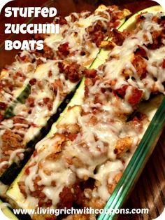 stuffed zucchini boats with meat and cheese on top are ready to be eaten