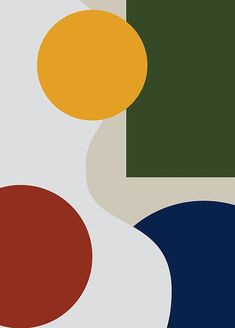 an abstract painting with circles and squares in various colors on a white background, including blue, green, red, yellow, and black