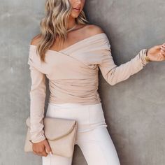 New Unopened Vici Top In Size Xs. Trendy Stretch Wrap Tops, Beige Top For Day Out, Winter Wrap Top, Chic Beige Wrap Top, Casual Beige Wrap Top, Fitted Wrap Beige Top, Beige Wrap Top For Day Out, Fitted Beige Wrap Top, Beige Fitted Wrap Top