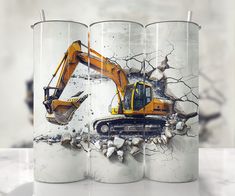 an image of a bulldozer on the side of a trash can that is being demolished