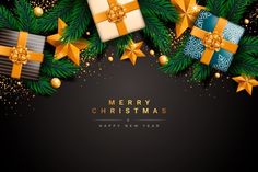 christmas presents and fir branches with gold bows on black background, merry christmas greeting card