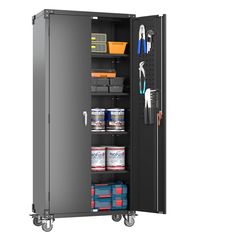 a black storage cabinet with shelves and tools