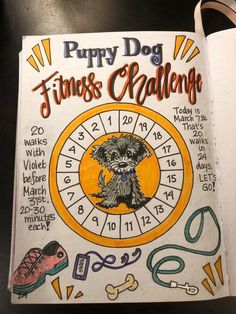 a dog is sitting on top of a book with the title puppy dog fitness challenge