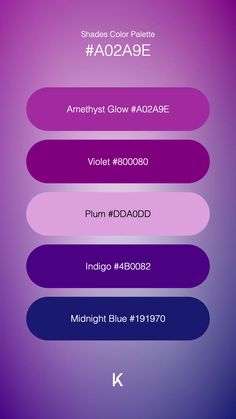 Shades Color Palette Amethyst Glow #A02A9E · Violet #800080 · Plum #DDA0DD · Indigo #4B0082 · Midnight Blue #191970 Palette Ideas, Bold Color Palette, Personal Branding, Unique Colors, Color Trends