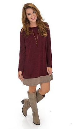 No need to worry about dresses that are cute, but not weather-practical, for the cooler weather! $48 at shopbluedoor.com Brown Suede Boots Outfit, Dresses With Boots Fall, Casual Fall Dress, Tunic Dress With Leggings, Dresses With Boots, Suede Boots Outfit, Dress With Leggings, Brown Suede Boots, Dresses Casual Fall