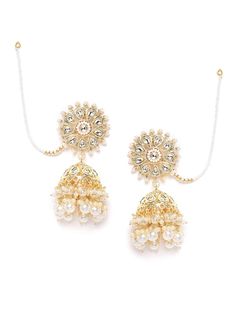 These gorgeous floral & dome shaped jhumki earrings come with kundan stone studs, off-white pearls and 2-layer beaded danglers, are gold-plated, and secured with a post and back closure. (Comes with beaded detachable ear chains) These handcrafted jhumkis can be styled with any traditional outfit, or an evening outfit to complete a dazzling look. Product color may vary based on the monitor or screen you are using.See FAQ for more details. Size Length of earring: 8 cmLength of ear chain: 13 cm Det Traditional White Pearl Earrings For Reception, White Pearl Earrings For Reception, White Jhumkas For Reception And Festivals, White Jhumkas For Diwali Reception, White Jhumkas With Latkans For Reception, White Temple Jewelry Jhumkas For Reception, White Bollywood Earrings For Reception, Bollywood White Earrings For Reception, White Bollywood Jhumkas For Reception