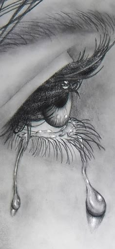 a drawing of a woman's eye with tear drops coming out of the iris