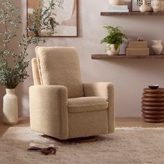 a living room with a chair, vases and other items on the shelves above it