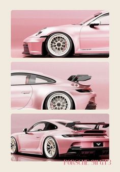 three different views of a pink sports car