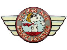 the flying age pilot lounge logo is shown in red and white with an image of a dog on it