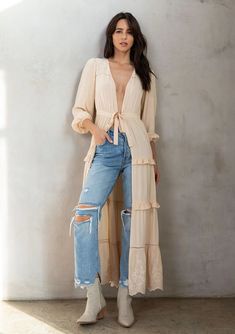 Sammy Retro Boho Embroidered Ruffled Maxi Kimono Robe - RusticThread Boutique Therapist Outfit, Small Business Boutique, Business Boutique, Maxi Kimono, Embroidered Kimono, Boho Kimono, Knit Sweater Cardigan, Long Sleeve Cardigan, Kimonos