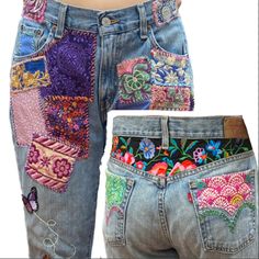 a pair of women's jeans with colorful patches and flowers on the back pocket