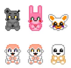 pixel art with different types of animals and faces on them, all in different colors