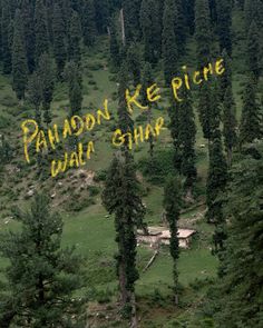 the words pandan ke - piche walk sharp are written in yellow ink on trees