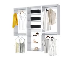 a white closet with clothes and shoes hanging on the wall next to an open door