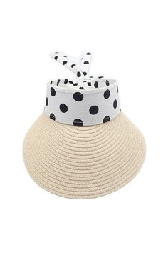 Polka Dot Crown Wide Brim Straw Sun Visor UPF 50+ UV Protection Cap Hat High Polka dot Design Crown makes it comfortable when wearing it. Occasion: Water pool, golfing, boating, running, travel, camping, beach Material: Polyester and Paper Straw Size: One Size Fit Most with Knot strap. Head circumference:21"-25" - Black, Beige, Camel Available Casual White Breathable Sun Hat, Breathable Hats For Spring Vacation, Breathable Spring Vacation Hat, Breathable Sun Hat For Spring Vacation, Breathable White Beach Hat, White Breathable Beach Hat, White Wide Brim Breathable Hat, Casual Golf Visor For Summer, Casual Summer Golf Visor