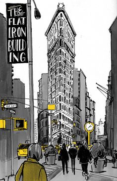 a drawing of people walking down the street in front of a tall building with a sign that reads the flat iron building