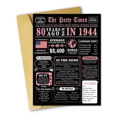 the party time's 80th birthday card is shown in pink and black with an info