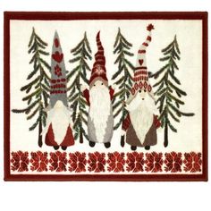 two gnomes standing next to each other in front of pine trees with snowflakes on them