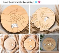 four different pictures of wooden coasters with hand drawn images on them and the words love these bracelet keeps