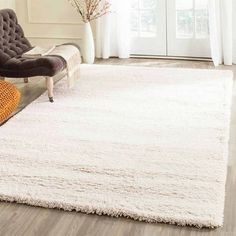 a living room with a couch, chair and rug on the floor in front of a window