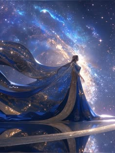 a woman in a blue dress standing on the edge of a body of water surrounded by stars