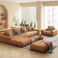 a living room filled with lots of furniture in front of a large window and potted plants