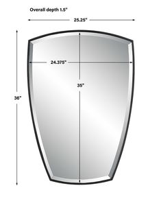 an image of a large shield with measurements for the size and width, on a white background