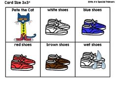 an image of shoes that are in different colors and sizes with words describing them as pete the cat, pete the cat, red shoes, brown shoes, white shoes, blue shoes