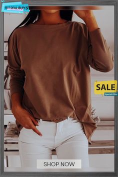 Women 2 Ways Wear Long Sleeve Shirt Casual Long Sleeve Plain Blouse, Casual Plain Long Sleeve Blouse, Plain Brown Summer Tops, Casual Long Sleeve Solid Color T-shirt, Oversized Brown Long Sleeve Top, Oversized Solid Color Top For Fall, Trendy Brown Long Sleeve Tops, Plain Brown Tops For Fall, Trendy Solid Brown Tops