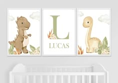 two baby's nursery art prints featuring dinosaurs and the letter l