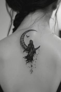 Tattoo of a dark-cloaked figure on a crescent moon with a tiny bird. Grim Reaper Tattoo Fineline, Grim Reaper Cat Tattoo, Grin Reaper Tattoo, Traditional Grim Reaper Tattoo, Grim Reaper Tattoo Ideas, Reaper Tattoo Ideas, Grim Reaper Tattoo Designs, Reaper Tattoo Designs, Grin Reaper