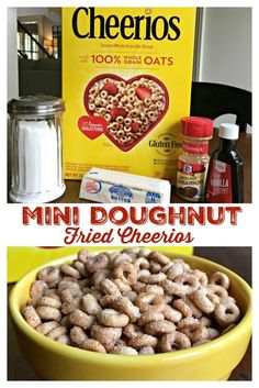 the ingredients to make mini doughnuts in a yellow bowl and on top of a table