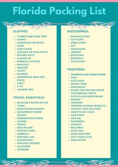 the florida packing list is shown in blue and white, with pink trimmings