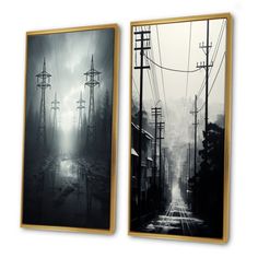 two black and white paintings with power lines in the background, one is framed on a wall