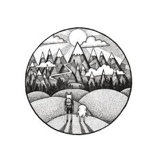 a black and white drawing of two people in the middle of a field with mountains behind them