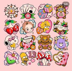 an assortment of cartoon character stickers on a pink background, including teddy bears and hearts