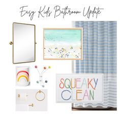 Blue and white stripe shower curtain, abstract beach art, rainbow bath cup, rainbow towel hook, brass swivel mirror, "squeaky clean" bath mat, brass bathroom hardware Amazon Kids Bathroom, Light Blue Kids Bathroom, Kids Gender Neutral Bathroom, Kids Bathroom Inspiration, Simple Kids Bathroom, Rainbow Bathroom Kids, Kids Bathroom Ideas Shared Boy And Girl, Gender Neutral Bathroom For Kids, Kids/guest Bathroom