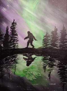 a painting of a man walking across a lake under an aurora borel sky with trees