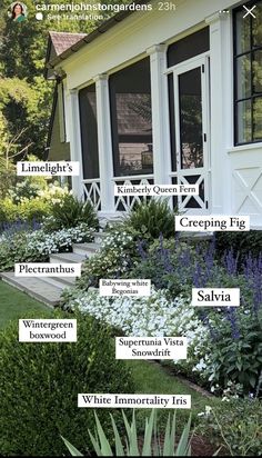 the different types of flowers in front of a house