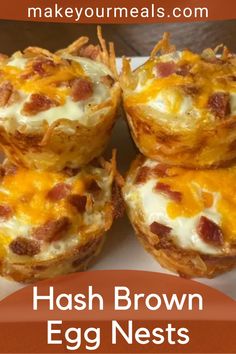 hash browns egg nests on a plate with text overlay that reads hash browns egg nests