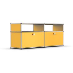 a yellow cabinet with two doors and three drawers on each side, in front of a white background