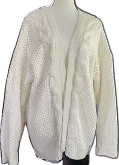 White V-neck Cable Knit Cardigan, White Casual Acrylic Sweater Coat, White Acrylic Casual Sweater Coat, White Trendy Acrylic Cardigan, Trendy White Acrylic Cardigan, Oversized Soft Knit White Cardigan, Acrylic Cable Knit Cardigan, Spring Cable Knit Acrylic Cardigan, Spring Acrylic Cable Knit Cardigan