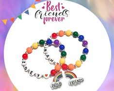 two bracelets with the words best friends forever and rainbow beads on them in front of a colorful background