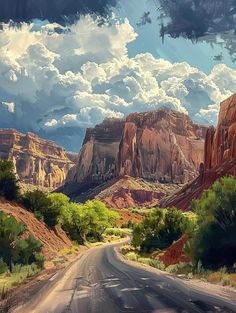 a painting of the desert with clouds and mountains in the background, as seen from an empty road