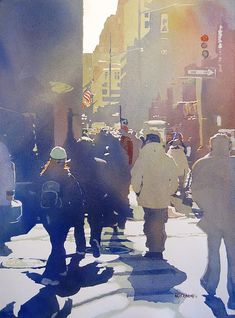 people are walking down the street on a sunny day with buildings in the back ground