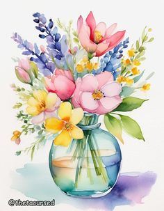 a watercolor painting of flowers in a glass vase on a white background with blue and yellow accents